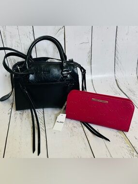 ALDO Black Satchel with Red Zip-Around Wallet. Mother’s Day Gift Bundle Set